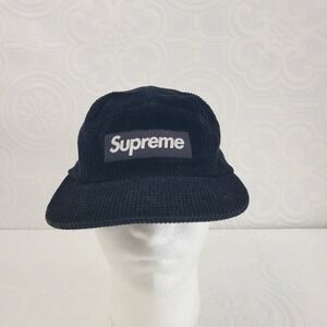 VINTAGE Supreme Hat Camp Cap Strap Back Black Panel Corduroy USA Mens 90s